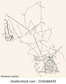 Detailed navigation black lines urban street roads map of the RICHTERICH DISTRICT of the German regional capital city of Aachen, Germany on vintage beige background