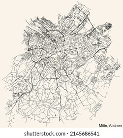 Detailed navigation black lines urban street roads map of the AACHEN-MITTE DISTRICT of the German regional capital city of Aachen, Germany on vintage beige background