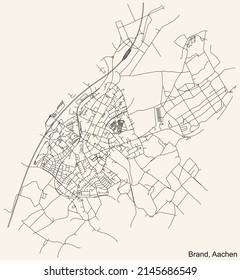 Detailed navigation black lines urban street roads map of the BRAND DISTRICT of the German regional capital city of Aachen, Germany on vintage beige background