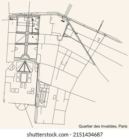 Detailed navigation black lines urban street roads map of the LES INVALIDES QUARTER of the French capital city of Paris, France on vintage beige background