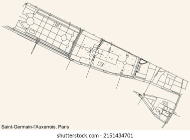 Detailed navigation black lines urban street roads map of the SAINT-GERMAIN-L'AUXERROIS QUARTER of the French capital city of Paris, France on vintage beige background