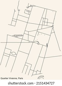 Detailed navigation black lines urban street roads map of the VIVIENNE QUARTER of the French capital city of Paris, France on vintage beige background
