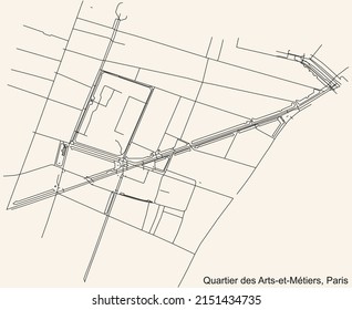 Detailed navigation black lines urban street roads map of the ARTS-ET-MÉTIERS QUARTER of the French capital city of Paris, France on vintage beige background