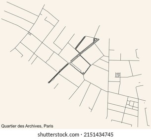 Detailed navigation black lines urban street roads map of the ARCHIVES QUARTER of the French capital city of Paris, France on vintage beige background