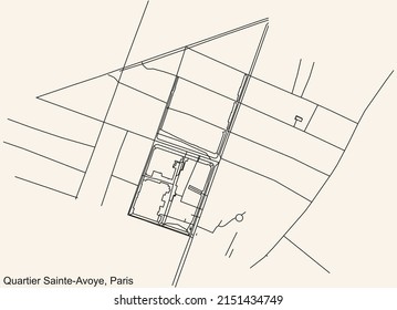 Detailed navigation black lines urban street roads map of the SAINTE-AVOYE QUARTER of the French capital city of Paris, France on vintage beige background