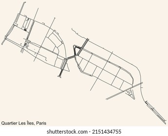 Detailed navigation black lines urban street roads map of the LES ILES - NOTRE-DAME QUARTER of the French capital city of Paris, France on vintage beige background