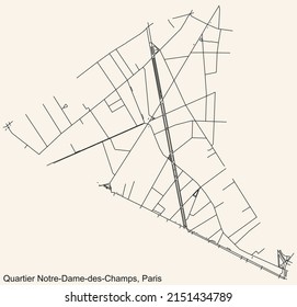Detailed navigation black lines urban street roads map of the NOTRE-DAME-DES-CHAMPS QUARTER of the French capital city of Paris, France on vintage beige background