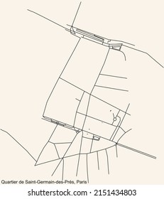 Detailed navigation black lines urban street roads map of the SAINT-GERMAIN-DES-PRÉS QUARTER of the French capital city of Paris, France on vintage beige background