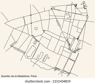 Detailed navigation black lines urban street roads map of the LA MADELEINE QUARTER of the French capital city of Paris, France on vintage beige background