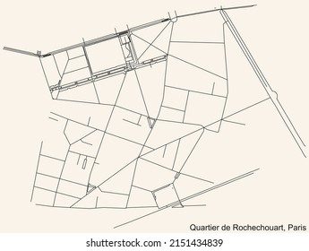 Detailed navigation black lines urban street roads map of the ROCHECHOUART QUARTER of the French capital city of Paris, France on vintage beige background