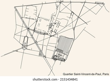 Detailed navigation black lines urban street roads map of the SAINT-VINCENT-DE-PAUL QUARTER of the French capital city of Paris, France on vintage beige background