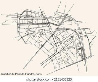 Detailed navigation black lines urban street roads map of the PONT-DE-FLANDRE QUARTER of the French capital city of Paris, France on vintage beige background