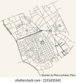 Detailed navigation black lines urban street roads map of the PÈRE-LACHAISE QUARTER of the French capital city of Paris, France on vintage beige background