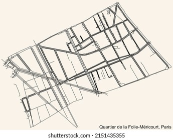 Detailed navigation black lines urban street roads map of the FOLIE-MÉRICOURT QUARTER of the French capital city of Paris, France on vintage beige background