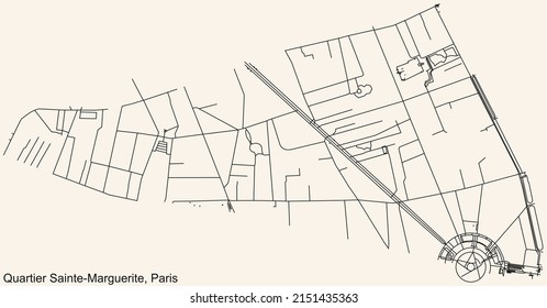 Detailed navigation black lines urban street roads map of the SAINTE-MARGUERITE QUARTER of the French capital city of Paris, France on vintage beige background