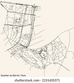 Mapa detallado de las líneas negras de navegación en las calles urbanas del BEL-AIR QUARTER de la capital francesa de París, Francia sobre el fondo beige vintage