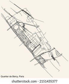 Detailed navigation black lines urban street roads map of the BERCY QUARTER of the French capital city of Paris, France on vintage beige background