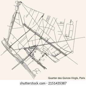 Detailed navigation black lines urban street roads map of the QUINZE-VINGTS QUARTER of the French capital city of Paris, France on vintage beige background