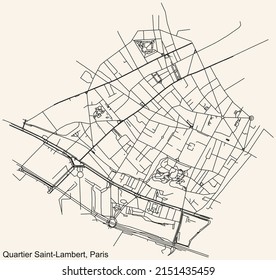 Detailed navigation black lines urban street roads map of the SAINT-LAMBERT QUARTER of the French capital city of Paris, France on vintage beige background