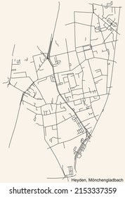 Detailed navigation black lines urban street roads map of the HEYDEN DISTRICT of the German regional capital city of Mönchengladbach, Germany on vintage beige background