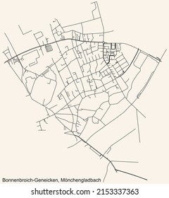 Detailed navigation black lines urban street roads map of the BONNENBROICH-GENEICKEN DISTRICT of the German regional capital city of Mönchengladbach, Germany on vintage beige background