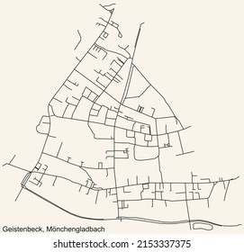 Detailed navigation black lines urban street roads map of the GEISTENBECK DISTRICT of the German regional capital city of Mönchengladbach, Germany on vintage beige background