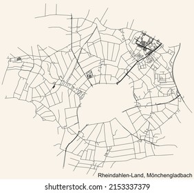 Detailed navigation black lines urban street roads map of the RHEINDAHLEN-LAND DISTRICT of the German regional capital city of Mönchengladbach, Germany on vintage beige background