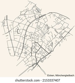 Detailed navigation black lines urban street roads map of the EICKEN DISTRICT of the German regional capital city of Mönchengladbach, Germany on vintage beige background
