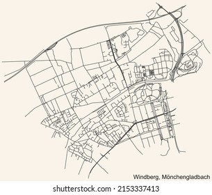 Detailed navigation black lines urban street roads map of the WINDBERG DISTRICT of the German regional capital city of Mönchengladbach, Germany on vintage beige background