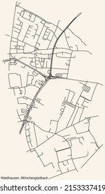 Detailed navigation black lines urban street roads map of the WALDHAUSEN DISTRICT of the German regional capital city of Mönchengladbach, Germany on vintage beige background