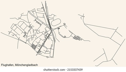 Detaillierte Navigation mit schwarzen Linien Stadtstraßen Karte des FLUGHAFEN DISTRICT der deutschen Landeshauptstadt Mönchengladbach auf beigem Hintergrund