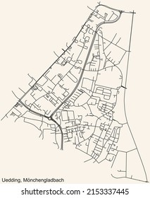 Detailed navigation black lines urban street roads map of the UEDDING DISTRICT of the German regional capital city of Mönchengladbach, Germany on vintage beige background