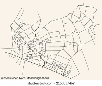 Detailed navigation black lines urban street roads map of the GIESENKIRCHEN-NORD DISTRICT of the German regional capital city of Mönchengladbach, Germany on vintage beige background