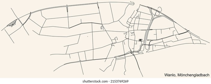 Detailed navigation black lines urban street roads map of the WANLO DISTRICT of the German regional capital city of Mönchengladbach, Germany on vintage beige background