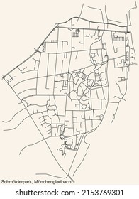Detailed navigation black lines urban street roads map of the SCHMÖLDERPARK DISTRICT of the German regional capital city of Mönchengladbach, Germany on vintage beige background