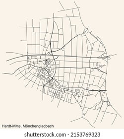 Detailed navigation black lines urban street roads map of the HARDT-MITTE DISTRICT of the German regional capital city of Mönchengladbach, Germany on vintage beige background