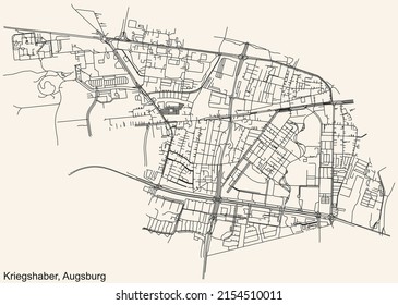 Detailed navigation black lines urban street roads map of the KRIEGSHABER BOROUGH of the German regional capital city of Augsburg, Germany on vintage beige background