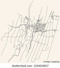 Detailed navigation black lines urban street roads map of the INNINGEN BOROUGH of the German regional capital city of Augsburg, Germany on vintage beige background