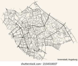 Detailed navigation black lines urban street roads map of the INNENSTADT BOROUGH of the German regional capital city of Augsburg, Germany on vintage beige background