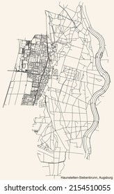 Detailed navigation black lines urban street roads map of the HAUNSTETTEN-SIEBENBRUNN BOROUGH of the German regional capital city of Augsburg, Germany on vintage beige background
