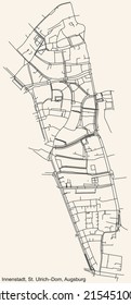 Detailed navigation black lines urban street roads map of the INNENSTADT, ST. ULRICH–DOM DISTRICT of the German regional capital city of Augsburg, Germany on vintage beige background