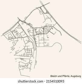 Mapa detallado de las líneas negras de navegación en las calles urbanas del DISTRITO BLEICH UND PFÄRRLE de la capital regional alemana de Augsburgo, Alemania sobre fondo beige vintage