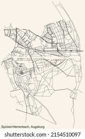 Detailed navigation black lines urban street roads map of the SPICKEL-HERRENBACH BOROUGH of the German regional capital city of Augsburg, Germany on vintage beige background