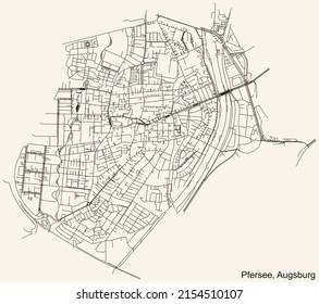 Detailed navigation black lines urban street roads map of the PFERSEE BOROUGH of the German regional capital city of Augsburg, Germany on vintage beige background
