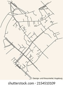 Mapa detallado de las líneas negras de navegación en las calles urbanas del DISTRITO GEORGS-UND KREUZVIERTEL de la capital regional alemana de Augsburgo, Alemania sobre el fondo beige vintage