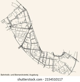 Mapa detallado de las líneas negras de navegación de las calles urbanas del DISTRITO BISMARCKVIERTEL UND de la capital regional alemana de Augsburgo, Alemania sobre el fondo beige vintage