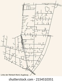 Detailed navigation black lines urban street roads map of the LINKS DER WERTACH-NORD DISTRICT of the German regional capital city of Augsburg, Germany on vintage beige background