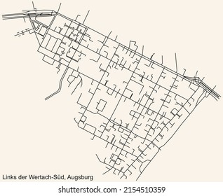 Detailed navigation black lines urban street roads map of the LINKS DER WERTACH-SÜD DISTRICT of the German regional capital city of Augsburg, Germany on vintage beige background