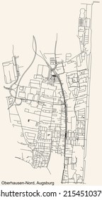Detailed navigation black lines urban street roads map of the OBERHAUSEN-NORD DISTRICT of the German regional capital city of Augsburg, Germany on vintage beige background