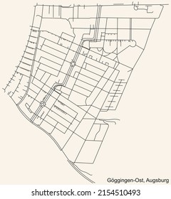 Detailed navigation black lines urban street roads map of the GÖGGINGEN-OST DISTRICT of the German regional capital city of Augsburg, Germany on vintage beige background